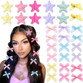 SAWINDA 30Pcs Pink Mini Hair Bows Star Hair Clips Small Bows for Hair 5 Color Star Snap Hair Barrettes Silk Satin Ribbons Bowknot Hair Pins Accessories for Women Girls