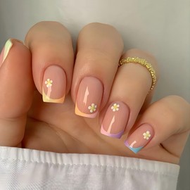 French Tip Press on Nails Short Square Shape Summer Fake Nails with Flower Designs Cute False Nails Short Acrylic Nails Press Ons Glossy Full Cover Nail Tips Gel Glue Stick on Nails for Women Girls