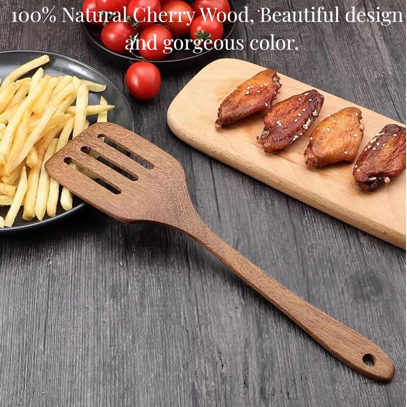 LorisArm Cherry Wood Spatula Turner Set, 12-Inch Wooden Spatula Slotted