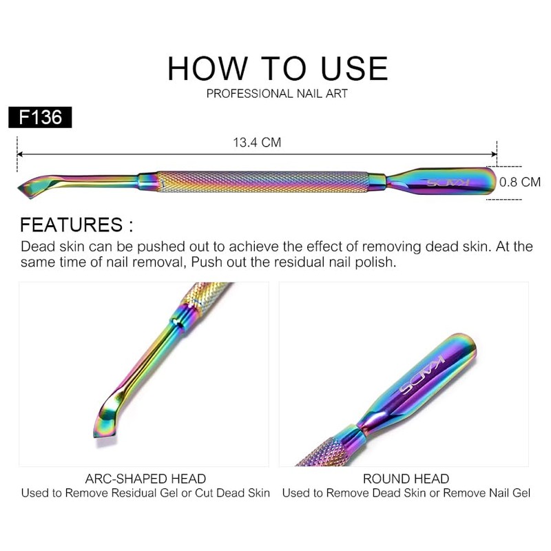 Rainbow Stainless Steel Nail Cuticle Pusher Double Ended Cuticle Remover