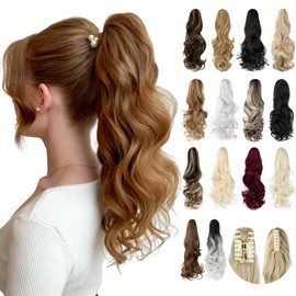 Felendy Ponytail Extension, 18" Claw Clip in Ponytail Extensions Curly Wavy Ponytail Hair Extension Jaw Clip on Long Pony Tails Hairpiece for Women Synthetic Light Auburn Mix Ash Blonde