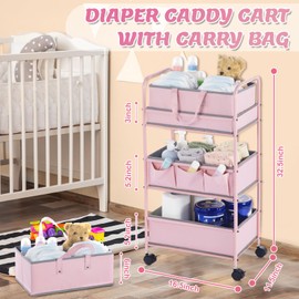 Honeydak 2in1 Baby Diaper Caddy Organizer Cart 3tier Large Capacity Metal Utility Bedside Rolling Cart with Divider for Newborn Nursery Essential Must Have for Crib Bedroom Baby Shower(Pink)