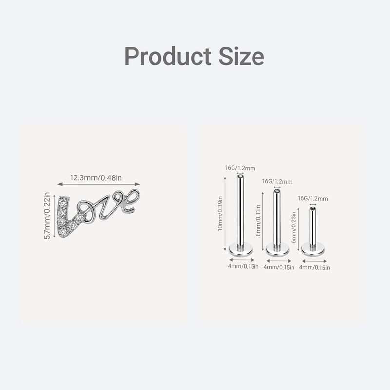 BCMON G23 Titanium LOVE Script CZ Flat Back Cartilage Stud