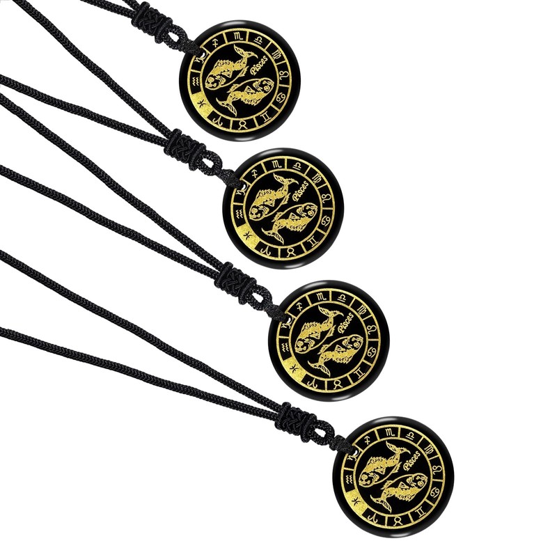 Nupuyai 12 Constellations Engraved Round Pendant Necklace, Healing Black Obsidian