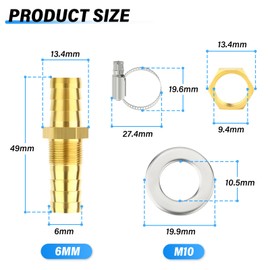 TAILONZ PNEUMATIC 5PCS Brass Hose Thru-Bulk Bulkhead Fitting 6mm to 6mm Barb, Straight Hex Union Fitting with 10PCS Clamp