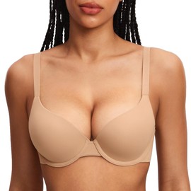 DOBREVA Women's Push Up T-Shirt Bra Underwire Padded Bras Plunge Full Coverage Warm Beige 38B