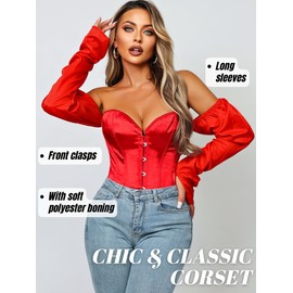 Kaei&Shi Long Sleeve Corset Tops,Off The Shoulder Overbust Corsets Top,Strapless Renaissance Costume Women Red Small