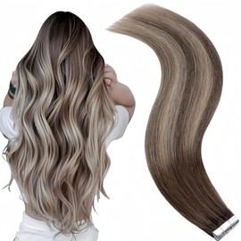 FUOTONBUTY 10pcs Tape in Hair Extensions Human Hair Invisible Tape in Hair Extensions Seamless Tape ins Tape on Real Human Hair Extensions Thick End (Ombre Medium Brown to Honey Blonde, 20 inch)