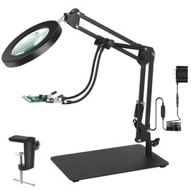 Magnifying Glass with Light and Stand, 3-in-1 Gooseneck Arms 3 Color Modes Stepless Dimmable, 10x&5X LED Desktop Magnifier with Light Hands Free for Workbench Reading Crafts Painting Hobby Close Work