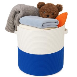 WAYIDEAL Cotton rope Storage Basket with Lid-Durable Woven Organizer with handles, Woven baskets, Multi-Purpose Storage Basket for Living Room,Closet or office(14x13 inches) (Blue+White)