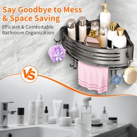 OKEJUNYE Corner Shower Caddy Suction Cup, Shower Shelves Organizer for Bathroom Storage, Aluminum No-Drilling Removable Rustproof Shower Shelf Rack with Towel Bar & Hooks (Gray)