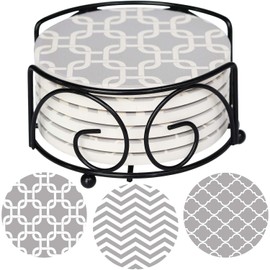 Coasters for Drinks Absorbent with Holder | 6 Pcs Grey Mix Pattern Ceramic Coaster Set | Hostess House warming Decor for Man Cave, Housewarming Hostess Gift, Home Present, Birthday Holiday Party Gifts