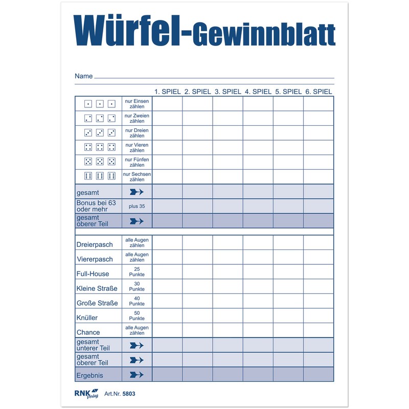 RNK 5803 – Dice Game Winning Sheet Block, A6, 3 x 85 Sheets