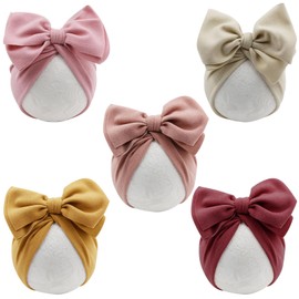 DRESHOW BQUBO 5 PCS Baby Cotton Hats Big Bow Knotted Headwrap Turban Baby Infant Beanie Baby Girl Soft Cute Toddler Cap for Winter