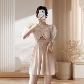 Women's Elegant Short-Sleeved One-Piece Swim Dress with Tummy Control, Plus Size R63 L Size [Recommended 90-105 geun] / Apricot 2ea