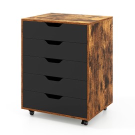 POWERSTONE 5 Drawers Chest Wood Storage Cabinets with Locking Wheels Filing Cabinet Under Desk Storage for Office Home, Coffee & Black