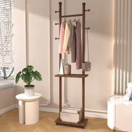 PZDJUMO Solid Wood Coat Rack Clothes Rack with Wheels & 2 Storage Shelves & 5 Hooks, Heavy Duty Garment Rack Rotary Standing Coat Rack Freestanding for Corner Entryway Bedroom Living Room(Walnut)