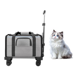 Pet Carrier with Wheels - Soft-Side Wheeled Cat Carrier for Dogs with Telescopic Handle, Collapsible Rolling Pet Travel Bag Carrier for Large Cats Small Medium Dogs for Camping Vet Visiting Grey
