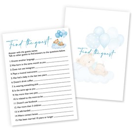 Wybgno Find The Guest Baby Shower Game, 25 Double-Sided Blue Bear Games for Boys, Interactive Baby Boy Party Supplies, Baby Boy Celebrations - B05