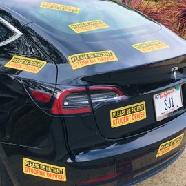 Stickios Student Driver Stickers (Non-Magnetic) for Cars & Windows - Reusable, Removable, Paint-Safe Vinyl Decals - Made in USA (10.5x4 inches, 8-Pack)