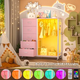 Cyclysio Dresser for Bedroom with Clothes Rack, 5 Drawers Dresser with Charging Station & LED Lights, Black Storage Chest of Drawers with Wheels, Wooden Top, Lockable Wheels, Bedroom, Closet, Pink