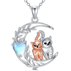 AHTAMOS Cat Necklace 925 Sterling Silver Heart Moonstone 2 Cat Friendship Necklace Crescent Leaf Pendant Moonstone Jewelry Gifts for Women Animal Lovers