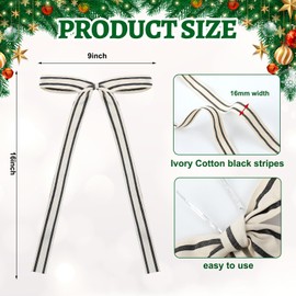 Glitinsel 12 Pcs Natural Cotton Christmas Ribbon Bows 9x16 Inch Ivory Black Stripes Ribbon Bows Christmas Tree Topper Bows for Xmas Garland Staircase Home Farmhouse Decoration(5/8 inch Wide)