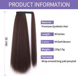 WIGNEE Kinky Straight Ponytail Wrap Around Long Ponytail Extension Natural Black Yaki Ponytail Extension for Black Women Pony Tails Hair Extensions (Dark Brown, 30 Inches)