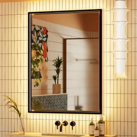 JSneijder 24x32 Inch LED Bathroom Mirror with Lights - Adjustable 3000K/4500K/6000K, Front & Back Lighting, Anti-Fog, Dimmable, Wall-Mounted Black Aluminum Frame Lighted Bathrooms Mirrors