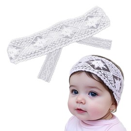 Yheahin Baby Girl White Lace Baptism Headband Soft Cotton Floral Bow Lace Toddler Elastic Hairband Newborn Infant Christening Hair Accessories for Birthday Party (White E, Standard size)