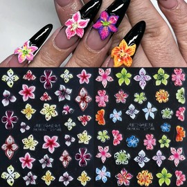 2PCS Flower Nail Art Stickers Decals Colorful Floral Nail Decals 5D Embossed Nail Stickers Spring Summer Nail Art Supplies Cute Spotted Flowers Nails Accessories for Women Acrylic Manicure Decoration