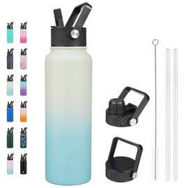 BJPKPK Insulated Water Bottles with Straw Lid, 40oz Large Water Bottle, Stainless Steel Metal Water Bottle with 3 Lids, Reusable Thermos Bottle, Cold & Hot Water Bottle for Sports, Gym-Mint