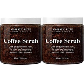 Majestic Pure Arabica Exfoliante de café – Exfoliante corporal natural para el cuidado de la piel, estrías, acné y celulitis, reduce el aspecto de las venas de araña, eccema, manchas de edad y venas varicosas – 10 onzas, Paquete de 2, Paquete con 2
