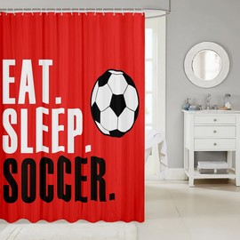 Feelyou Football Bathroom Shower Curtain Set Soccer Ball Sports Shower Curtain for Bathroom Women Men Red Eat Sleep Football Bath Curtain Ball Games Bathtubs Decor 72"x72" Bathroom Accessories