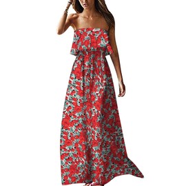 ZMPSIISA Women's Summer Off The Shoulder Maxi Dress Ruffle Strapless Blue White Porcelain Boho Casual Loose Long Dresses(A-Flower Red,Small)