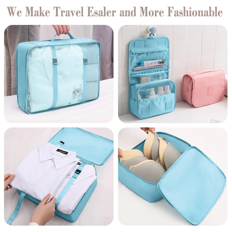 Kawaology Packing Cubes 8pcs, Light Blue, Suitcase Organizer System for