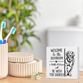 ATBWGT Funny Golden Retriever Bathroom Wooden Box Sign, Gifts for Golden Retriever Lovers, Dog Wood Block Plaque Signs for Bathroom Toilet Restroom Desk Table Shelf Decor, 5x5 Inch