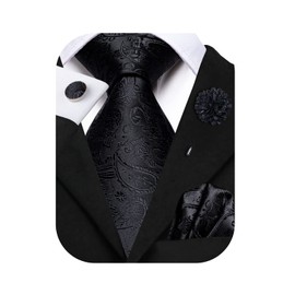 Hi-Tie Classic Mens Tie Flower Lapel Pin Set Silk Woven Necktie Pocket Square Cufflinks Red Pink Gold Blue Wedding Tie,Black B