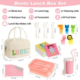 Bento Box Lunch Box Kit Corduroy Large Insulated Lunch Bag 3 Layer Stackable Leakproof Lunch Box Containers with Cup,Lunch Bag,Spoon,Fork,60 Pieces Lunch Box Notes for Girl Women (Solid Beige)