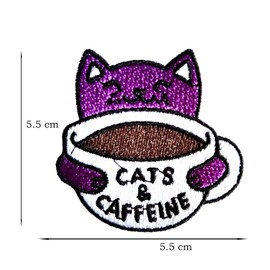Funny Coffee Cat Patch, Cats & Caffeine Embroidered Iron On/Sew On Patches Applique DIY Craft Accessories for Clothes Jacket Jeans Dress Backpacks