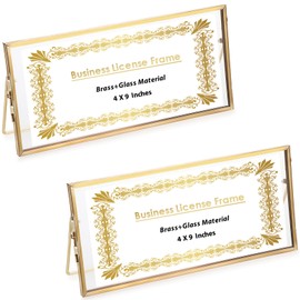 JUXYES 2 Pack Tabletop Business License Frame Brass License Certificate Display Frame, Double Glass Floating Diploma Frames, Desktop Golden Graduation Frames for 4x9 and 3.5x8.5 Certificate Business