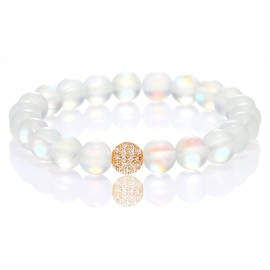 Mystic 6MM 8MM Mermaid Glass White Purple Blue Pink Bracelet with Glowing Moonstone Beads for Women Teen Girls (8MM White Gold Bead)