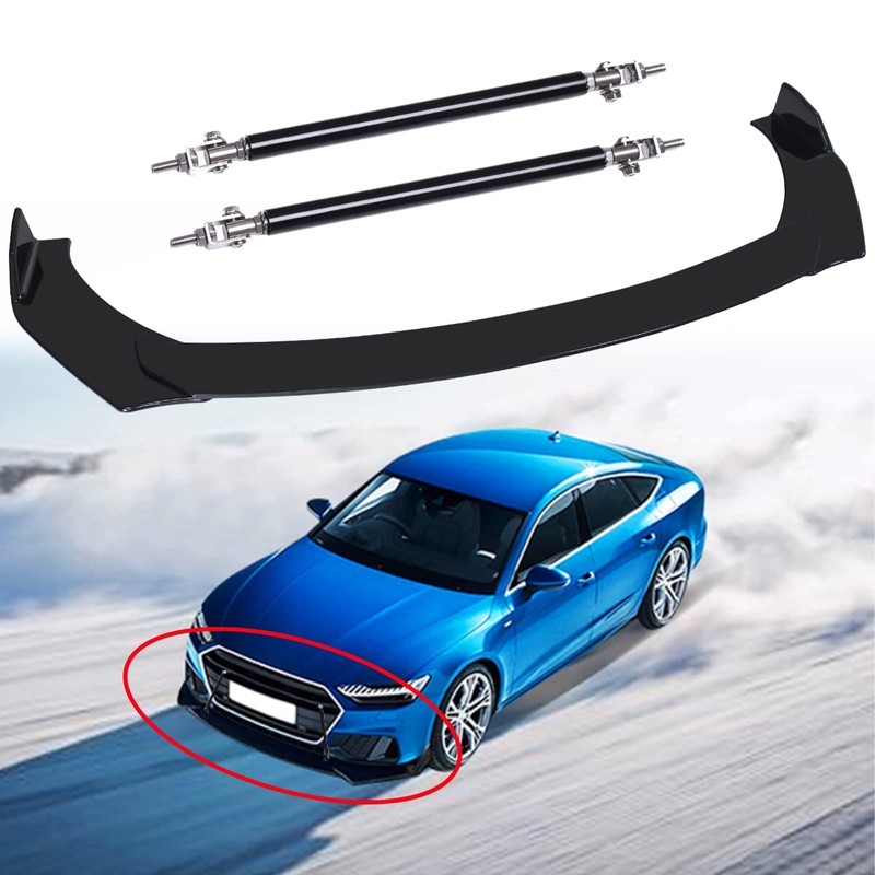 Black Front Bumper Lip Splitter Spoiler + Strut Rods Compatible