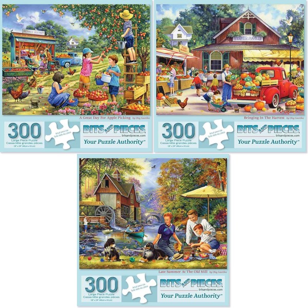 Bits and Pieces - Value Set of 3-300 Piece Jigsaw Puzzles for Adults –Puzzles Measure 18" x 24"- Apple Picking, The Harvest, Summer Mill 300 pc Large Piece Jigsaws by Artist Oleg Gavrilov – 18" x 24"
