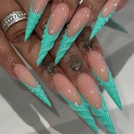 Stiletto Press on Nails Long Green French Tip Fake Nails Glossy Full Cover False Nails with Designs Extra Long Nail Press ons Sparkly Artificial Acrylic Nails Cute Stick on Nails for Women 24Pcs
