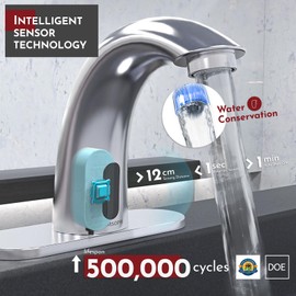 PRIMSOPH Automatic Motion Sensor Hands Free Electronic Infrared Smart Commercial Touchless Bathroom Sink Faucet with Cover Plate Temperature Mixer Battery or Plug-in Powered Chrome