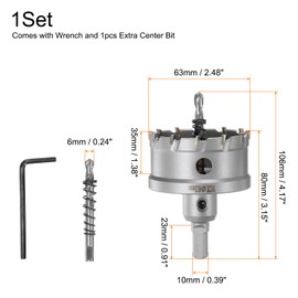 sourcing map Metal Hole Saw Carbide Cutter 63mm / 2.48" Dia for Stainless Steel, Metal, Aluminum Alloy, Copper, Brass, Plastic, with Extra Center Bit