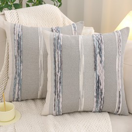 Tosleo Boho Throw Pillow Covers 18x18 Set of 2 Purple and Grey Stripe Decor Pillow Cases Accent Chenille Pillowcases Farmhouse Cushion Case Bohemian Nuetral Textured Pillow Cover