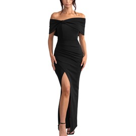 GOBLES Women's Elegant Strapless Ruffle Shoulder Short Sleeve Side Split Bodycon Ruched Formal Dress Black