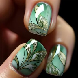 Leaves Press on Nails 24 Pcs Green Gradient Acrylic Fake Nails Short Square Glossy Gold Glitter False Nails Gel Glue on Nails Manicure Sparkly Emerald Flowers Stick on Nails for Coquette Women Girls